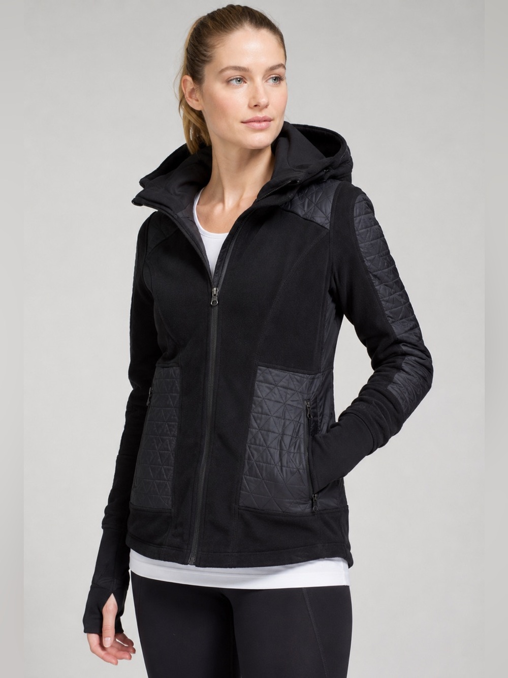 Lululemon Fleecy Keen Jacket Black Quilted Removable Hood Size 8